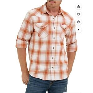 Wrangler® Men's Slim Fit Long Sleeve Woven Twill Shirt Size L Orange Plaid NWT